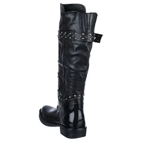 Women's Rivet Studded Shiny Black Rubber Rain Boot Rainboot - Picture 3 of 5